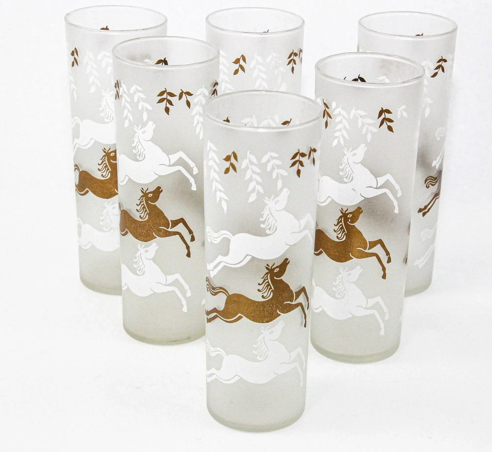 Equestrian Frosted and Gold Drink Glasses Cavalcade by Libbey Galloping Horses - 6