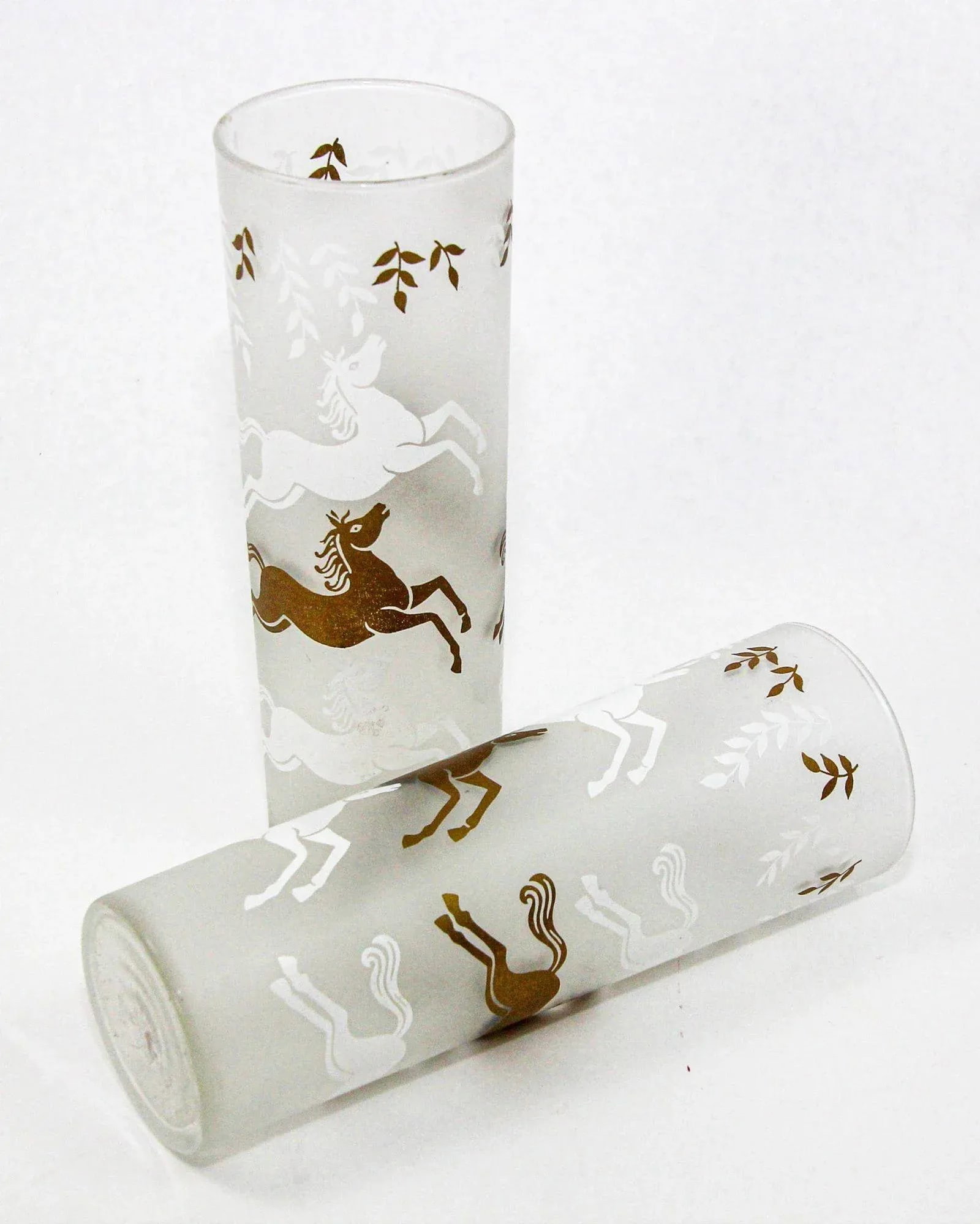 Equestrian Frosted and Gold Drink Glasses Cavalcade by Libbey Galloping Horses - 7