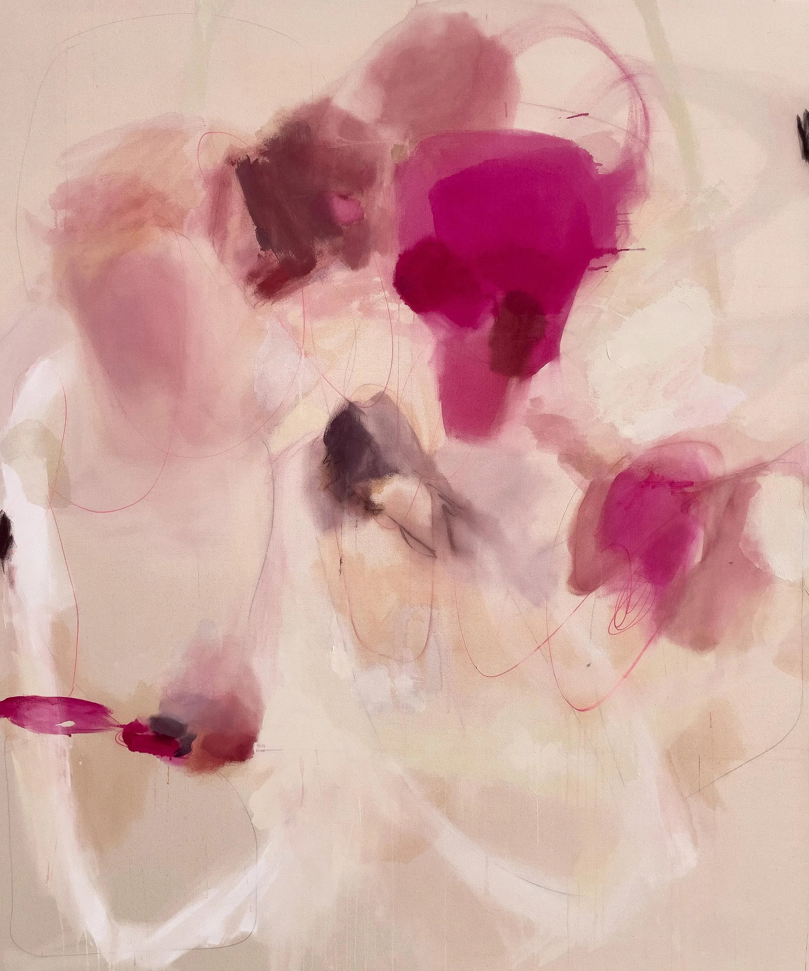 The Love We Unravel Original Lyrical Abstraction Painting in Magenta and Earthtones: This painting is part of the artist's Millefiori Collection. Italian for a thousand flowers, Millefiori embraces the artist's love of flowers and travel. In creating each piece, the artist builds
