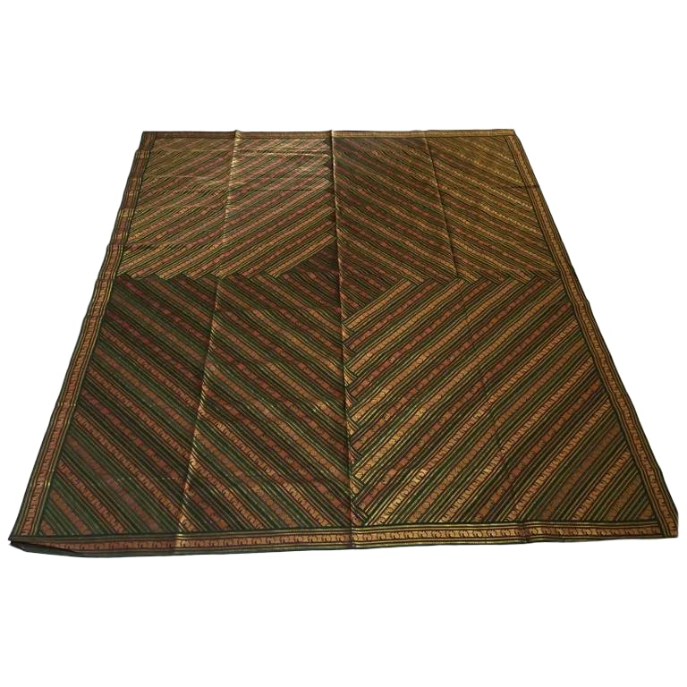 Vintage Indian Green Bed Cover Patchwork: Green bed cover patchwork made in India. Featuring stylized peacocks and elephants in gold lame threads. backed up with black linen. Great to use as a bed cover or as a wall hanging tapestry. Conditio