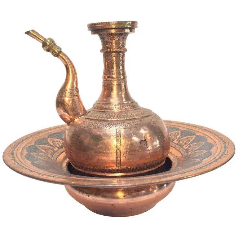Antique Middle Eastern Islamic Turkish Ewer and Copper Basin - 11