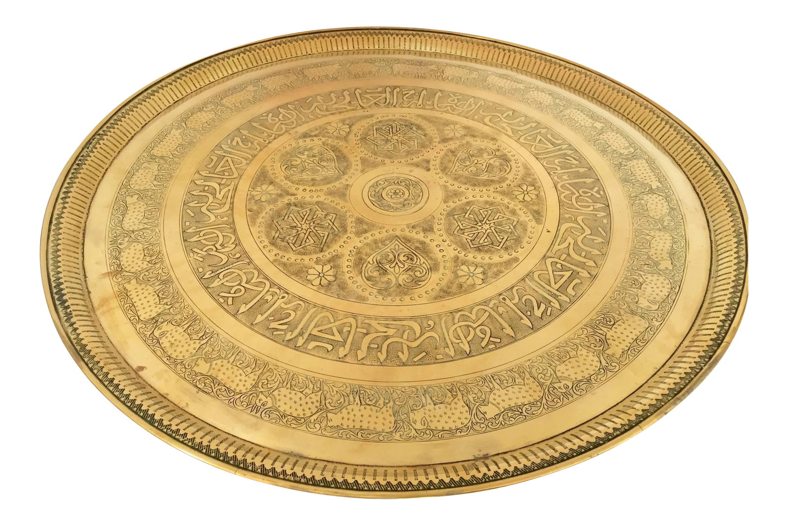 Indo-Persian Handcrafted Decorative Hammered Brass Tray: Large handcrafted decorative Indo-Persian brass tray. Embossed and hammered with floral and mystique animal scenes with Arabic calligraphy repousse writing. Large decorative hanging platter with pie c