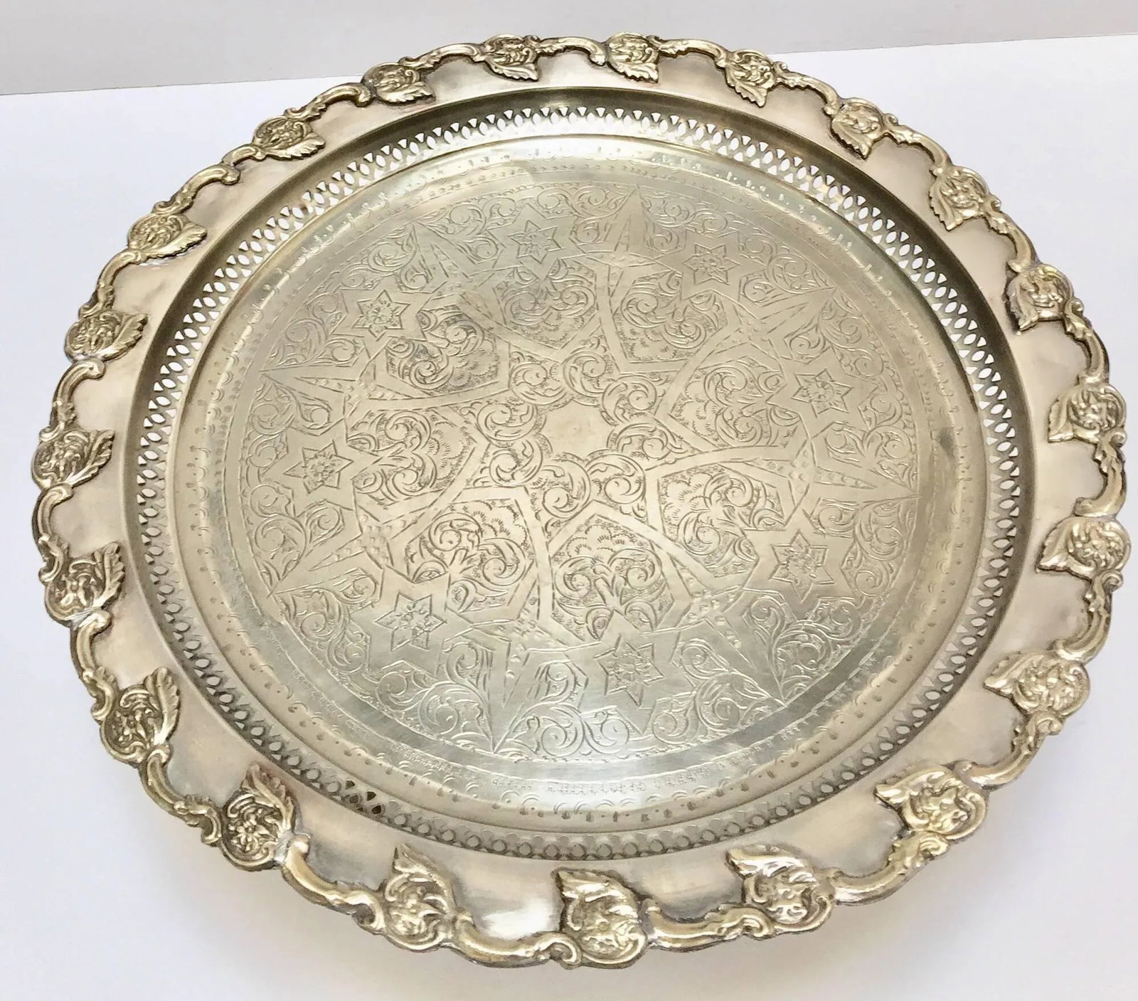 Moroccan Polished Round Footed Silvered Tray With Brass Overlay - 6