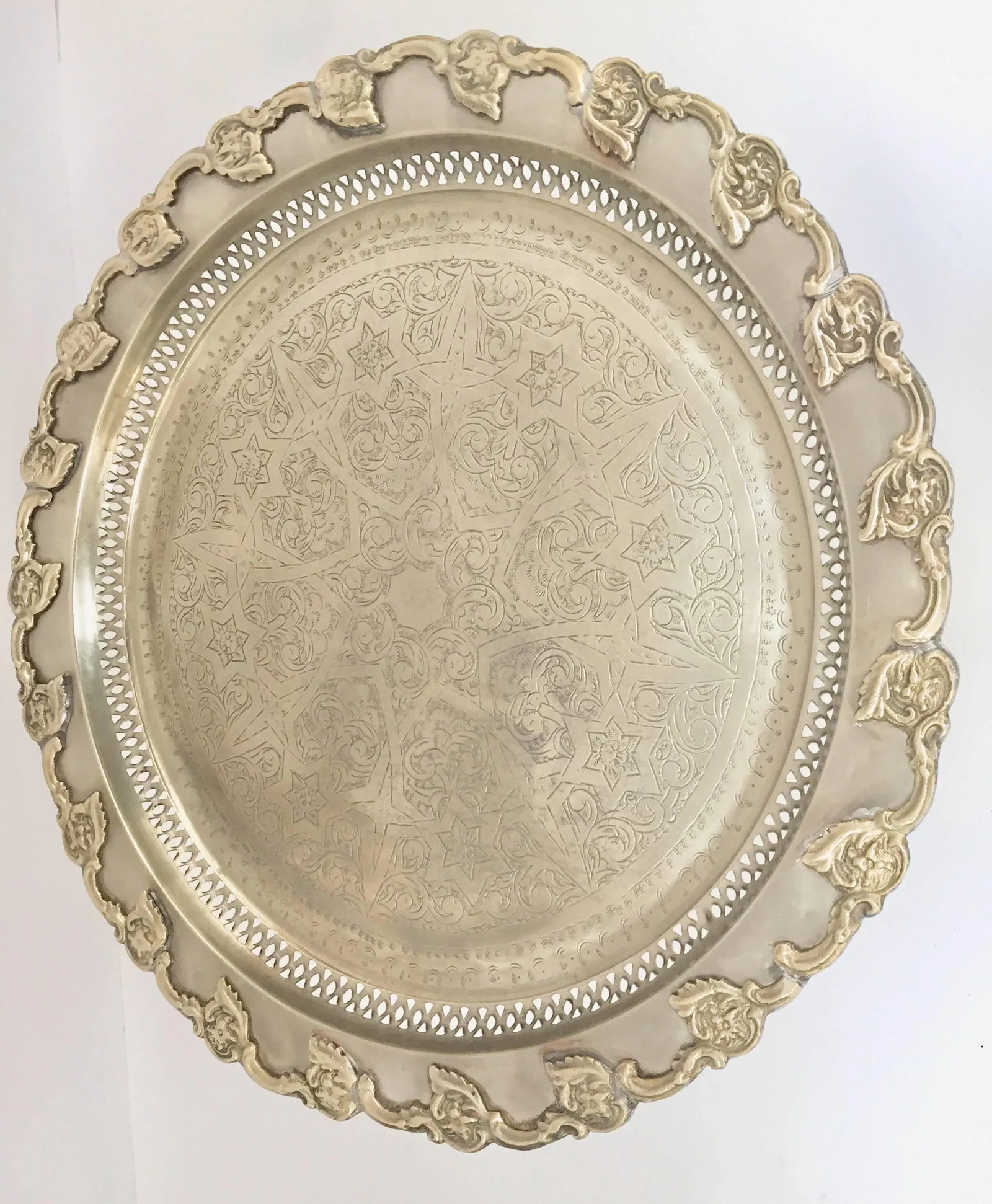 Moroccan Polished Round Footed Silvered Tray With Brass Overlay - 8