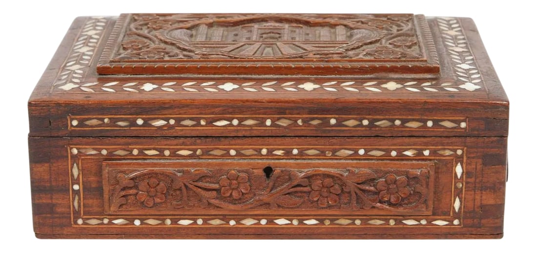 19th Century Anglo-Indian Box: 19th century Anglo-Indian wood box hand carved with the Taj Mahal and some flowers all around. Jewelry box, Anglo-Raj box from India in great condition. Condition: Alterations: Original Condition Unal
