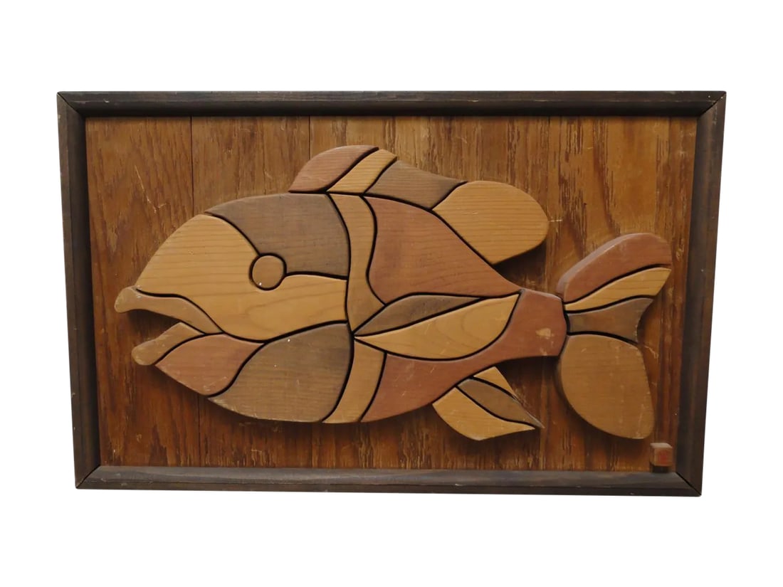 Wooden Mosaic Fish Sculptural Art Piece: Very unique mosaic of a fish done in stained wood. Very stylized design that uses organic shapes to create the fish. Signed in the lower right but artist is unknown. Fantastic wall hanging piece.