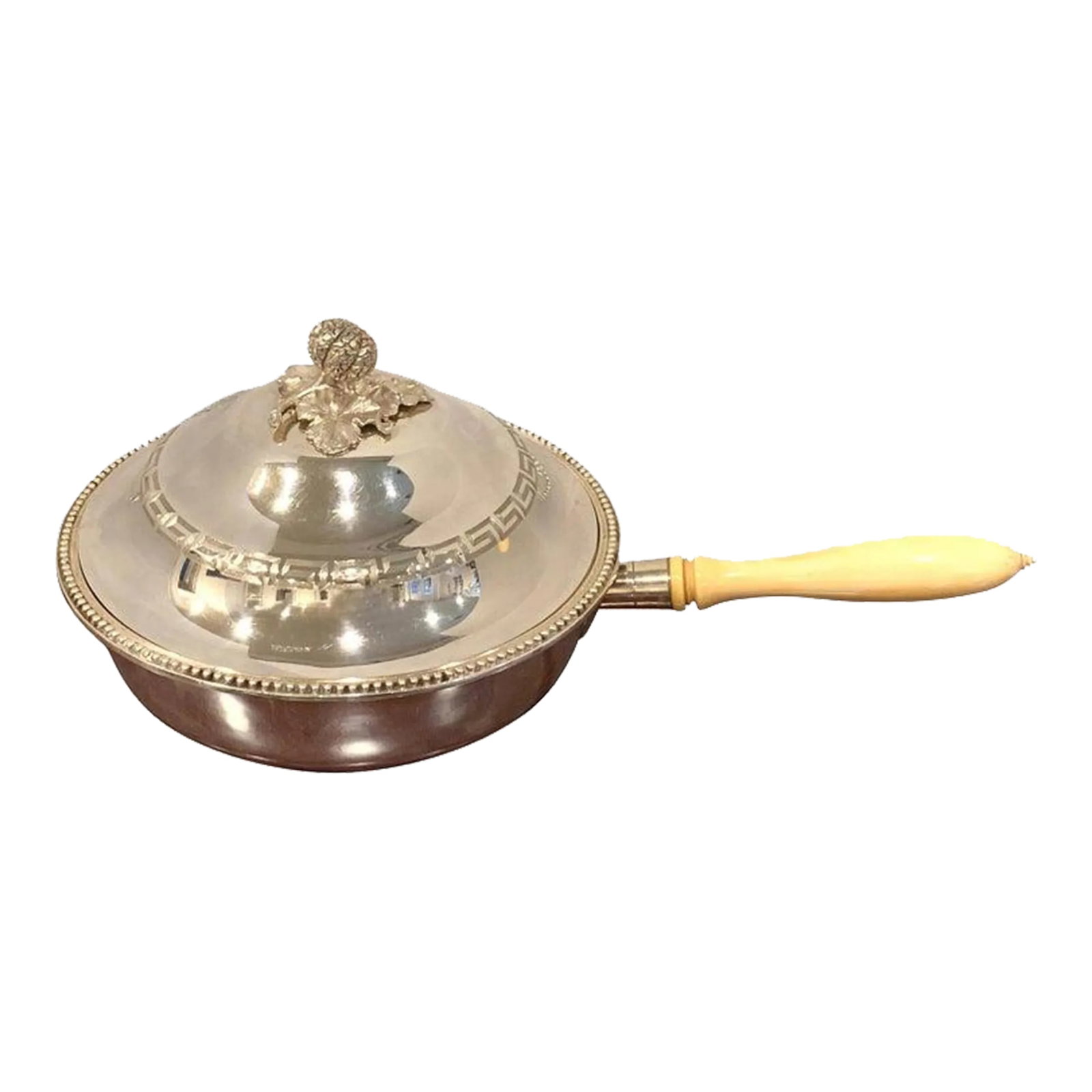 19th Century Antique English Silver Plated Warming Supper Dish by Henry Wilkinson & Co.: Antique English silver plated warming supper dish by Henry Wilkinson & Co, London, of circular form with finely chased lid, revealing a 9.5" interior, with a 4" x 7"d three section divider. The bone