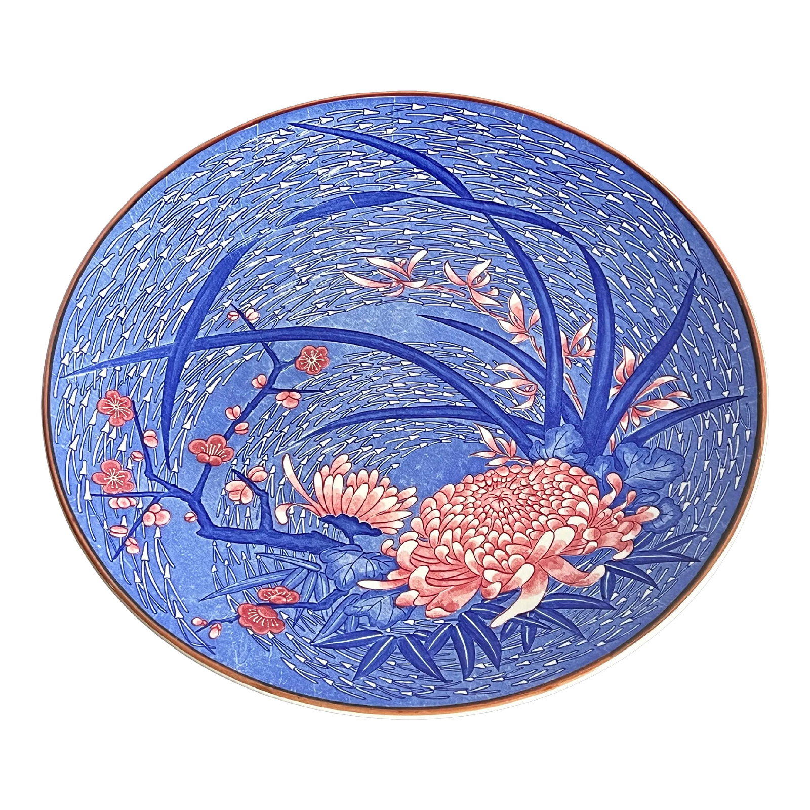 Vintage Japanese Chrysanthemum Pottery Serving Platter: Beautiful vintage c.1920's/30's Japanese ceramic serving platter, with a brilliant blue background and lovely red chrysanthemum flowers! It measures 12 1/2" in diameter and 1 1/2" tall. It is in very