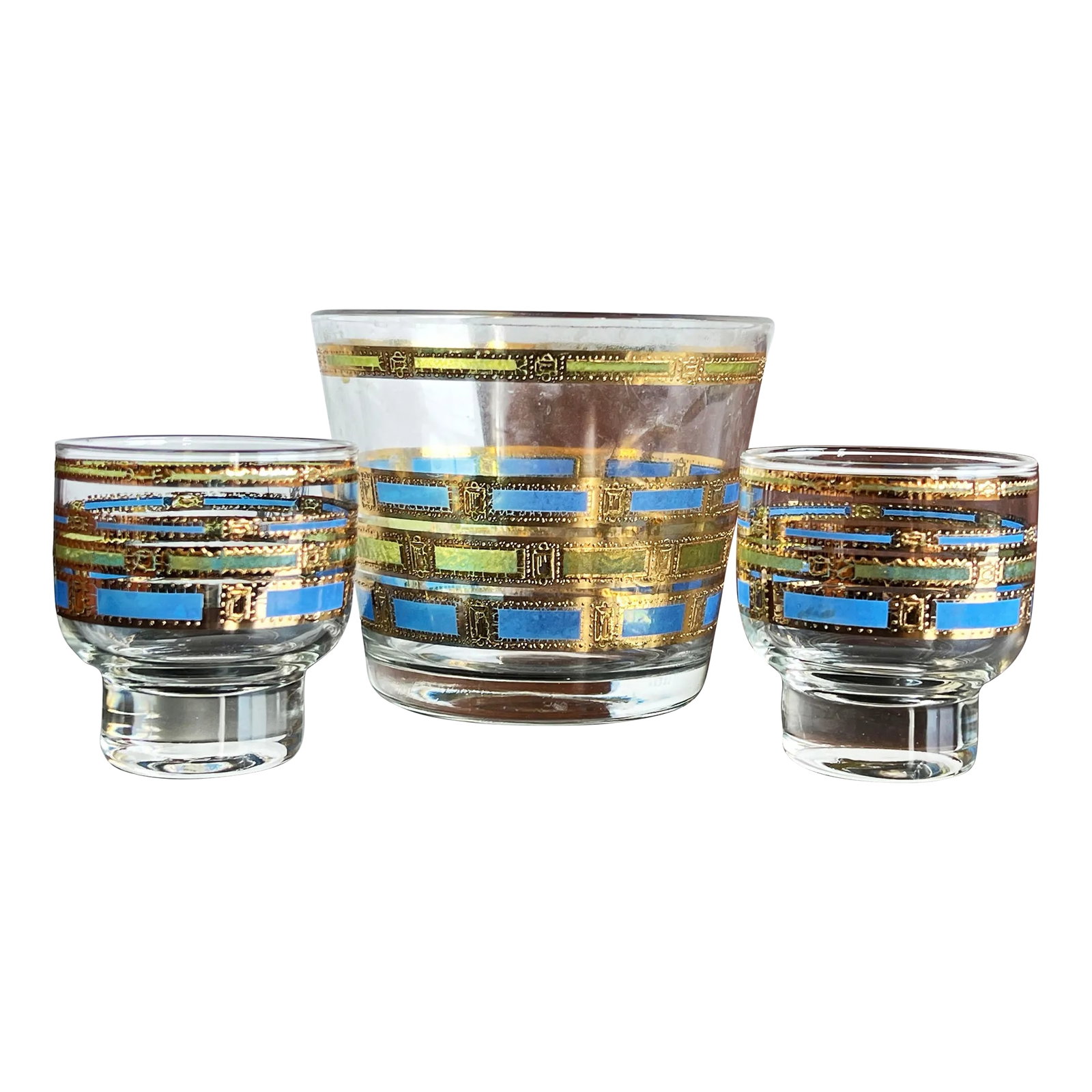 Culver Empress Footed Whiskey Rocks Glasses & Ice Bucket - Set of 3: Fabulous vintage mid century modern Culver 'Empress' footed whiskey rocks glasses and matching ice bucket! This is a great set for the whiskey lover in your life, really stepping up their 'Old