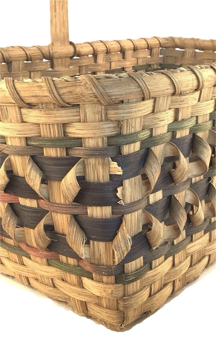 1900s Arts and Crafts Flat Reed With Splint Oak Curls Basket - 12