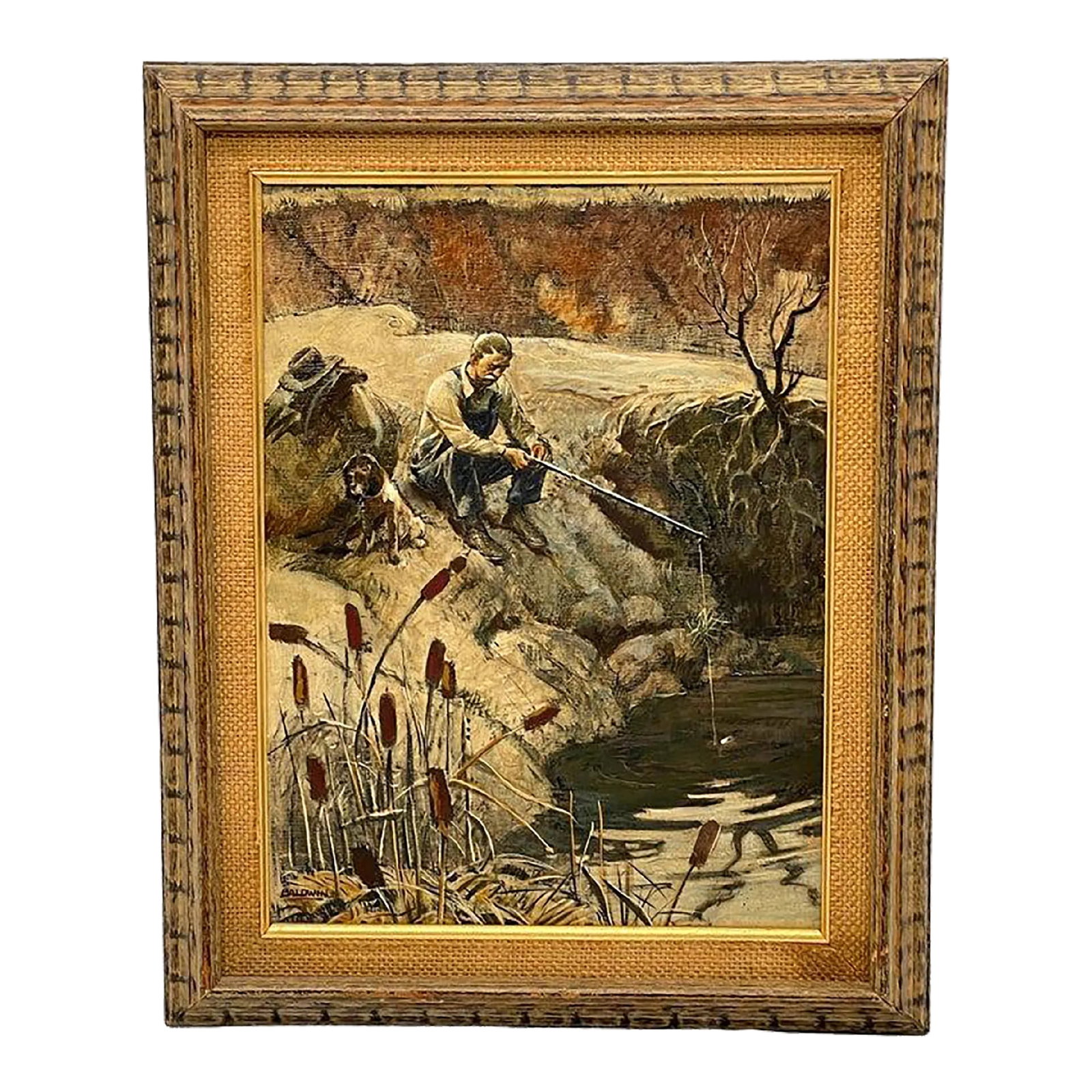 Mid 20th Century American School Oil Painting Fishing Landscape Signed Baldwin: American School Oil Painting - Fishing Landscape with Seated Old Man, Dog, and Fishing Pole at the Pond, Signed 'Baldwin' Artist Board 10.5 x 13.5 Inches Framed 12-inches x 15-inches Immerse yourself