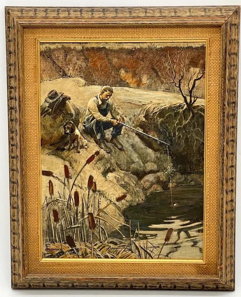 Mid 20th Century American School Oil Painting Fishing Landscape Signed Baldwin - 3