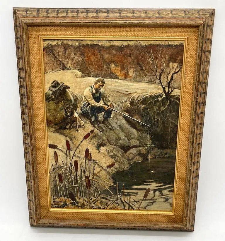 Mid 20th Century American School Oil Painting Fishing Landscape Signed Baldwin - 5