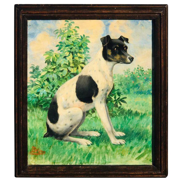 Late 19th Century Victorian Portrait of a Seated Jack Russell in Landscape, Signed Bruns: Victorian Portrait of a seated Jack Russell in Landscape, Signed Bruns Signed Lower Left "Bruns", Well painted and detailed, on board, under glass Oil on Artist Board, Sight 16" x 18" Vintage Frame