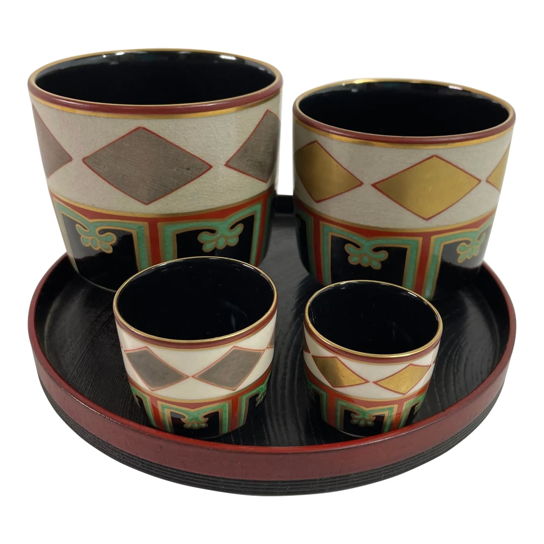 Kuniyaki Tea Bowls and Tray Set After Nonomura Ninsei Japan (1 of 12)