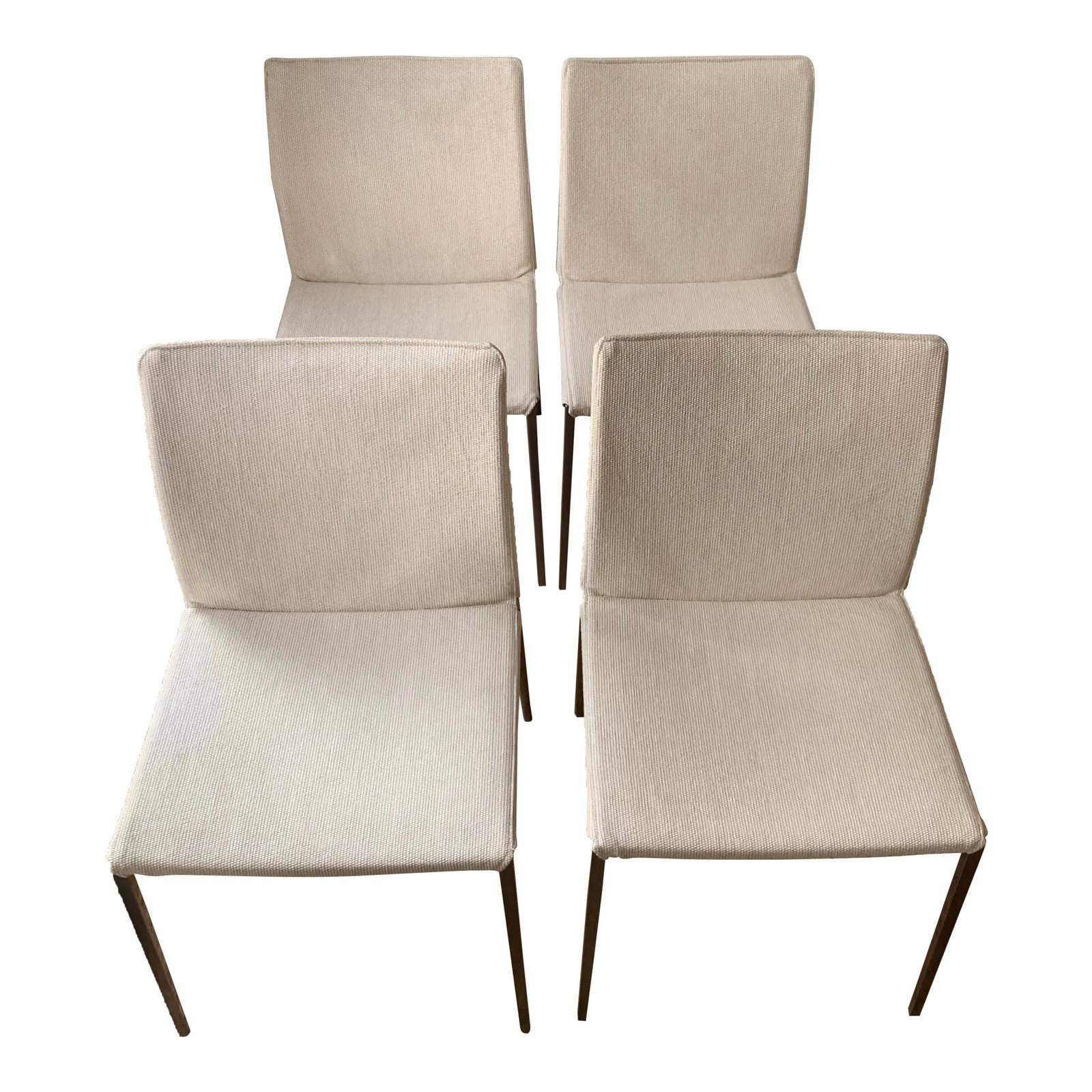 1990s Solid Aluminum Frame Dining Side Chairs, Set of 4: Set a four dining side chairs, solid aluminum frame covered a grass cloth woven ivory fabric Condition: Alterations: Original Condition Unaltered Imperfections: Some Imperfections Condition Notes: