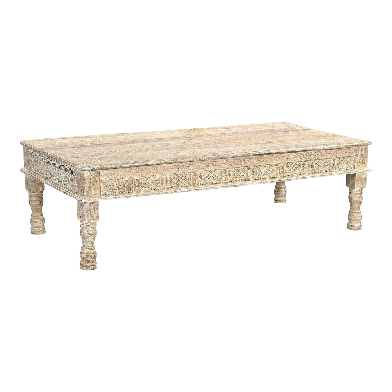 Farmhouse Style Long Solid Wood Coffee Table in Distressed White Finish: Dimensions: 70.5"W X 33"D X 21"H Features: "• 100% solid wood construction "• Entirely handmade by expert artisans "• Vintage carving used in the apron border "• Carving on