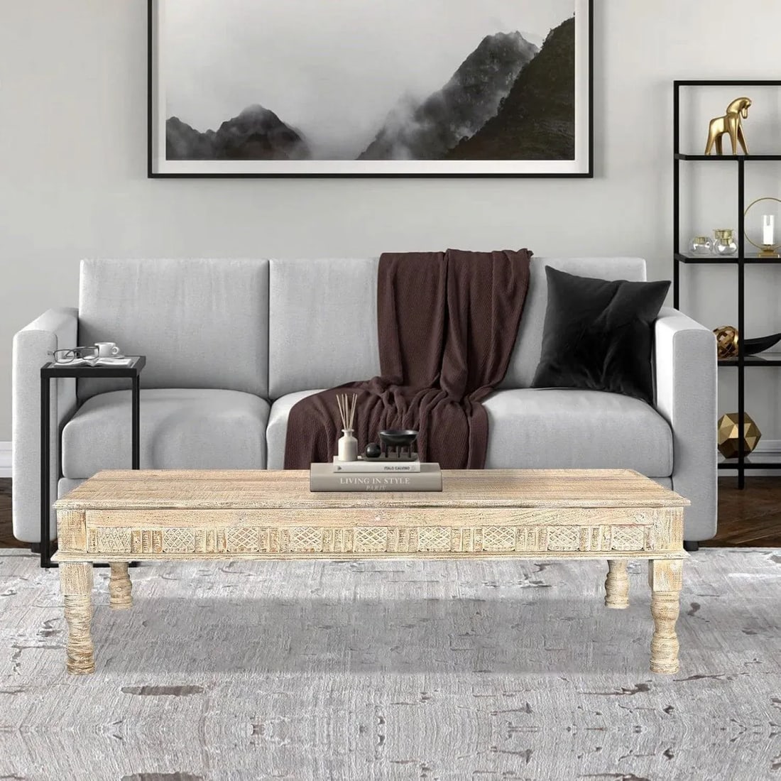 Farmhouse Style Long Solid Wood Coffee Table in Distressed White Finish - 2