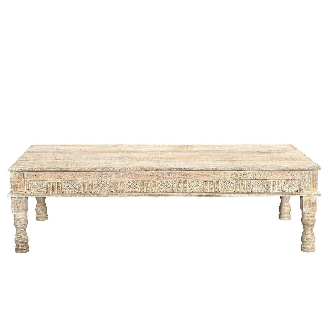 Farmhouse Style Long Solid Wood Coffee Table in Distressed White Finish - 3