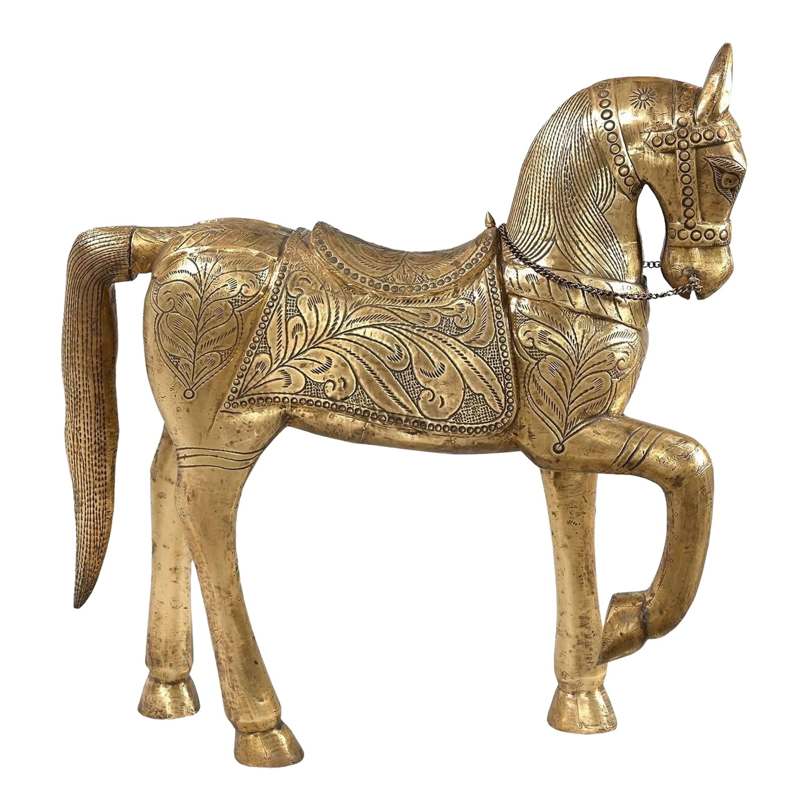 1970s Vintage Solid Wood Horse Statue Cladded With Embossed Brass Foil: Dimensions: 24" W X 6" D X 25" H Features: "• 100% solid wood carved statue "• Vintage statue from India "• Cladded with hand hammered brass foil "• Entirely handmade by