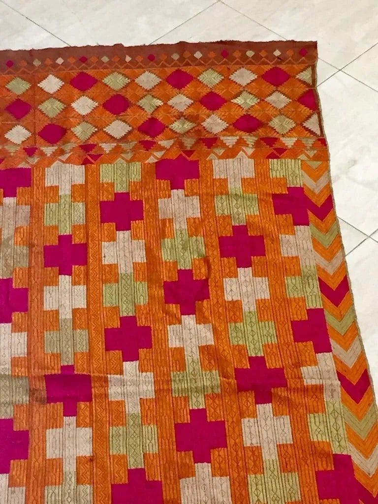 20th Century Phulkari Wedding Shawl, Bright Colors of Silk Embroidery on Cotton - 12