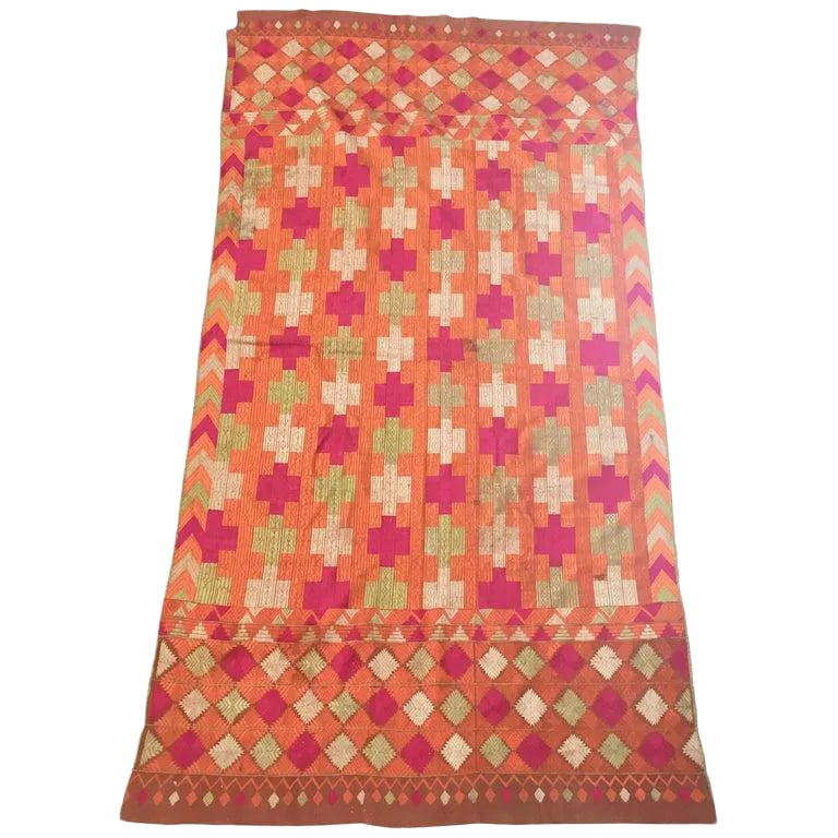 20th Century Phulkari Wedding Shawl, Bright Colors of Silk Embroidery on Cotton: A rare pattern embroidered in silk on a hand loomed cotton background. Punjab is known for its Phulkaris. The embroidery is done with floss silk thread on coarse handwoven cotton fabric. Geometrical p