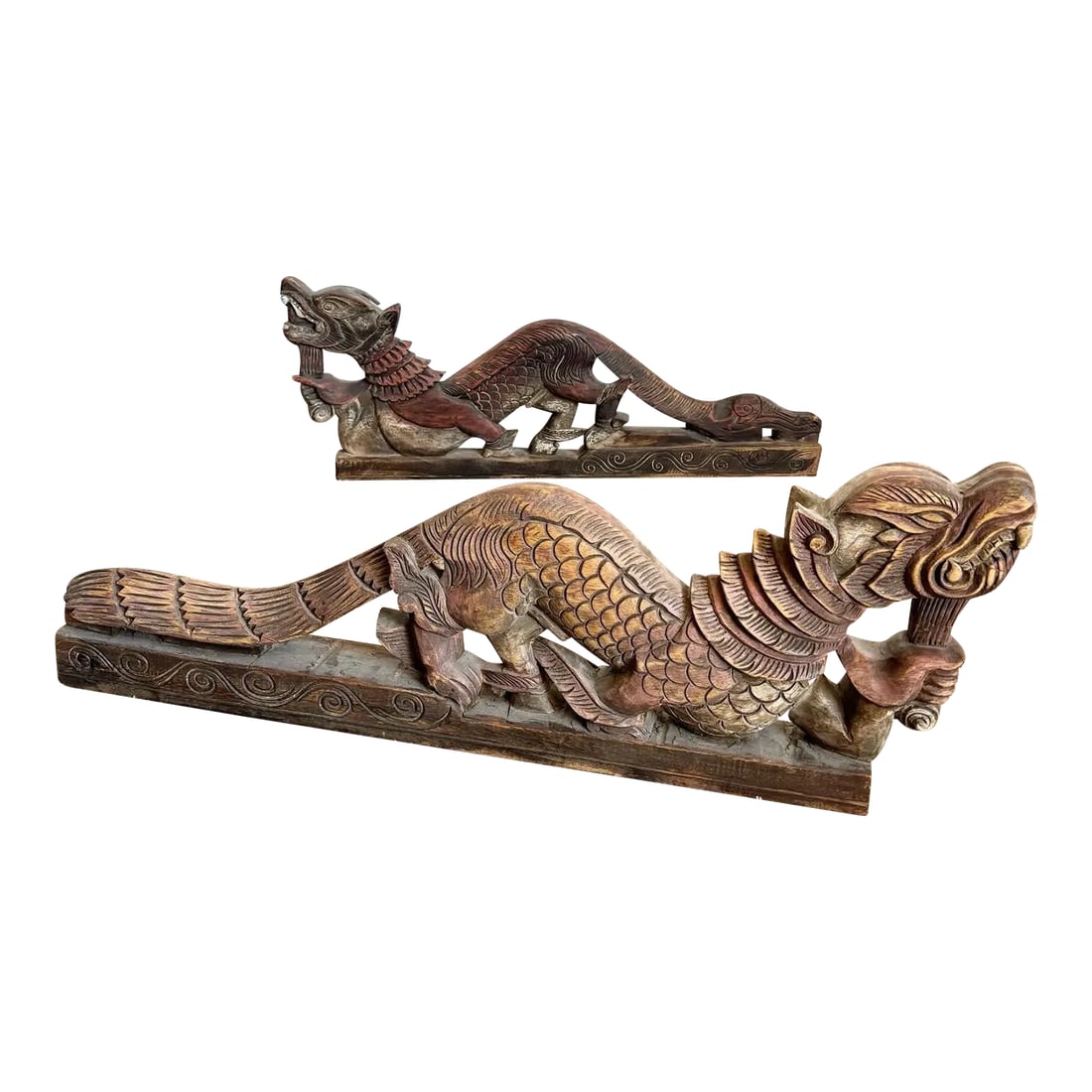 Chinese Hand Carved Dragons Sculptures - a Pair: Bring the mystique and power of Chinese mythology into your space with this exquisite pair of Hand-Carved Dragon Sculptures. Meticulously crafted by skilled artisans, each sculpture showcases