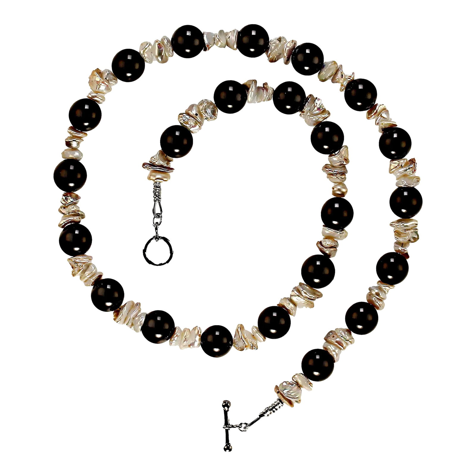 Gray Iridescent Biwa Pearl and Black Onyx Necklace - 2