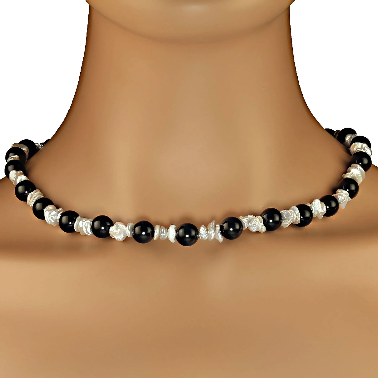 Gray Iridescent Biwa Pearl and Black Onyx Necklace - 3