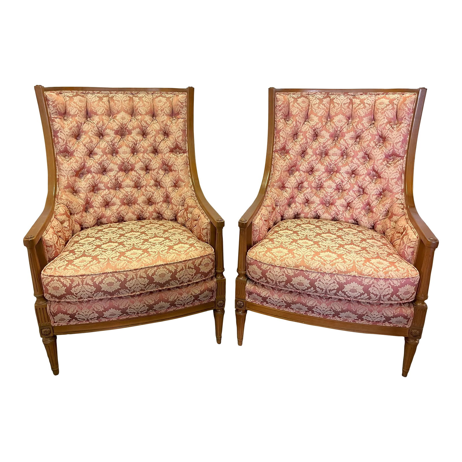 Vintage 1960's Regency Style Fruitwood With Tufted Upholstery High Back Chairs- a Pair: Vintage pair of regency style high back chairs from the 1960's. Each has a solid fruitwood frame in a honey tone finish with fluted legs and rose medallion accents. They are upholstered in a newer