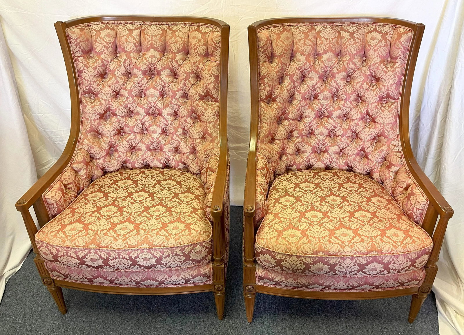 Vintage 1960's Regency Style Fruitwood With Tufted Upholstery High Back Chairs- a Pair - 2