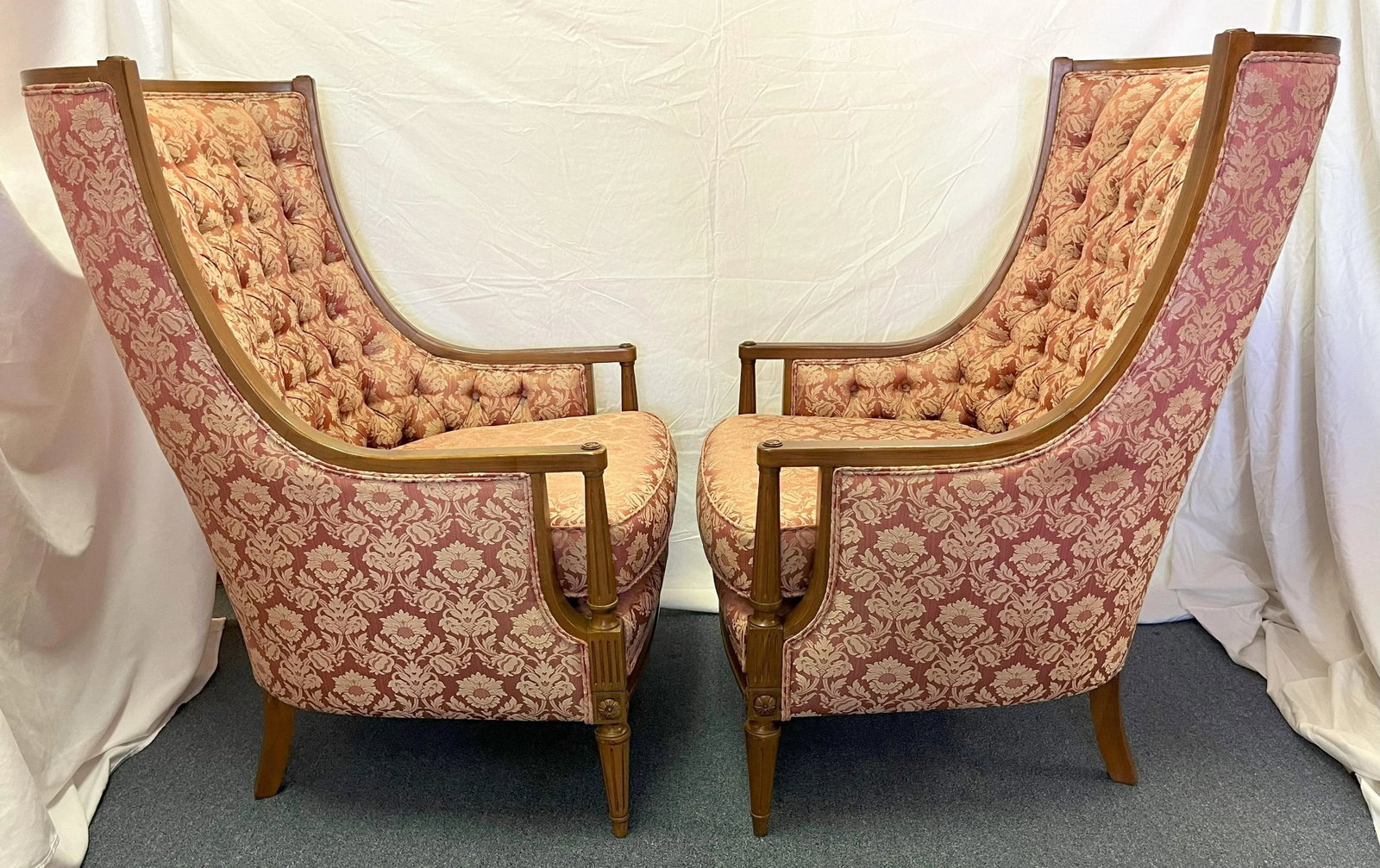 Vintage 1960's Regency Style Fruitwood With Tufted Upholstery High Back Chairs- a Pair - 3