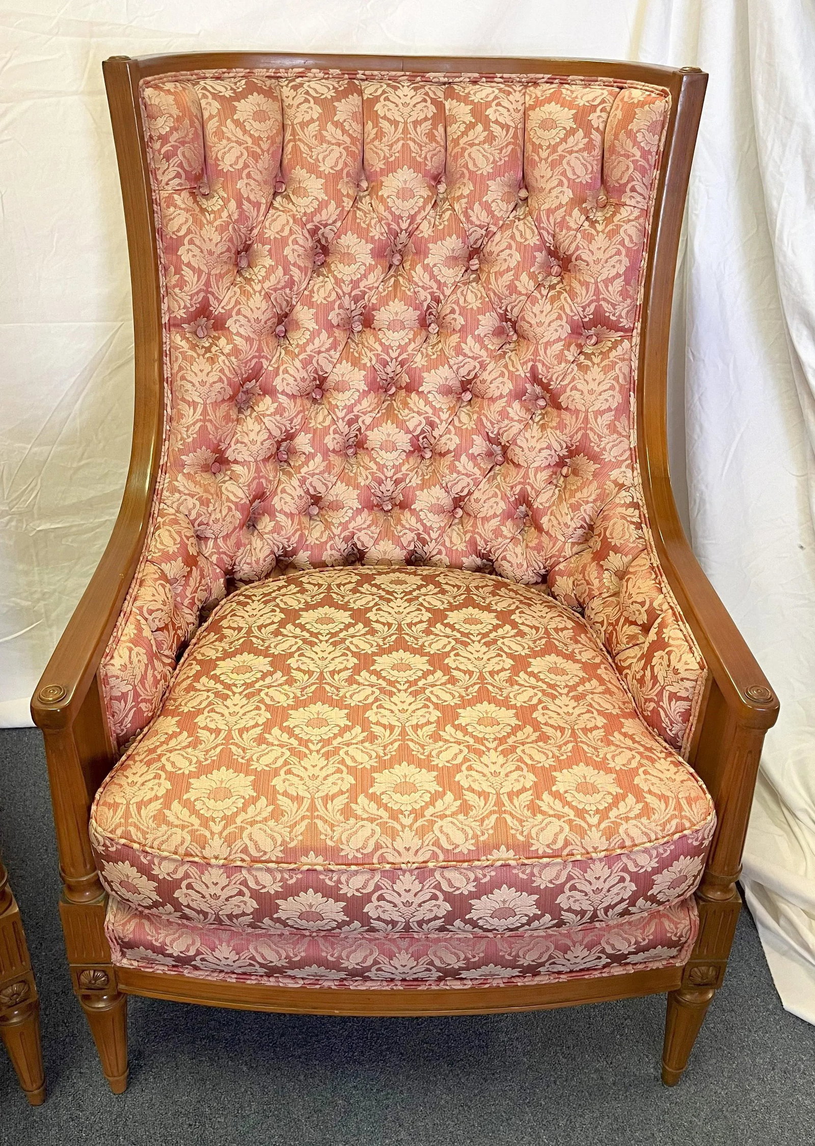 Vintage 1960's Regency Style Fruitwood With Tufted Upholstery High Back Chairs- a Pair - 6
