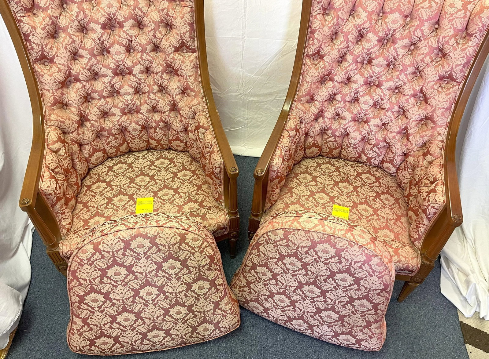 Vintage 1960's Regency Style Fruitwood With Tufted Upholstery High Back Chairs- a Pair - 9