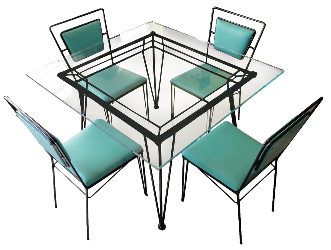 Sculptural Atomic Mid-Century Modern Iron Dining Set – Table + 4 Chairs, 1950s California: A show-stopping example of Mid-Century Modern design, this stunning 1950s dining set features a sculptural wrought iron atomic-style frame "” the epitome of Palm Springs modernism. Likely