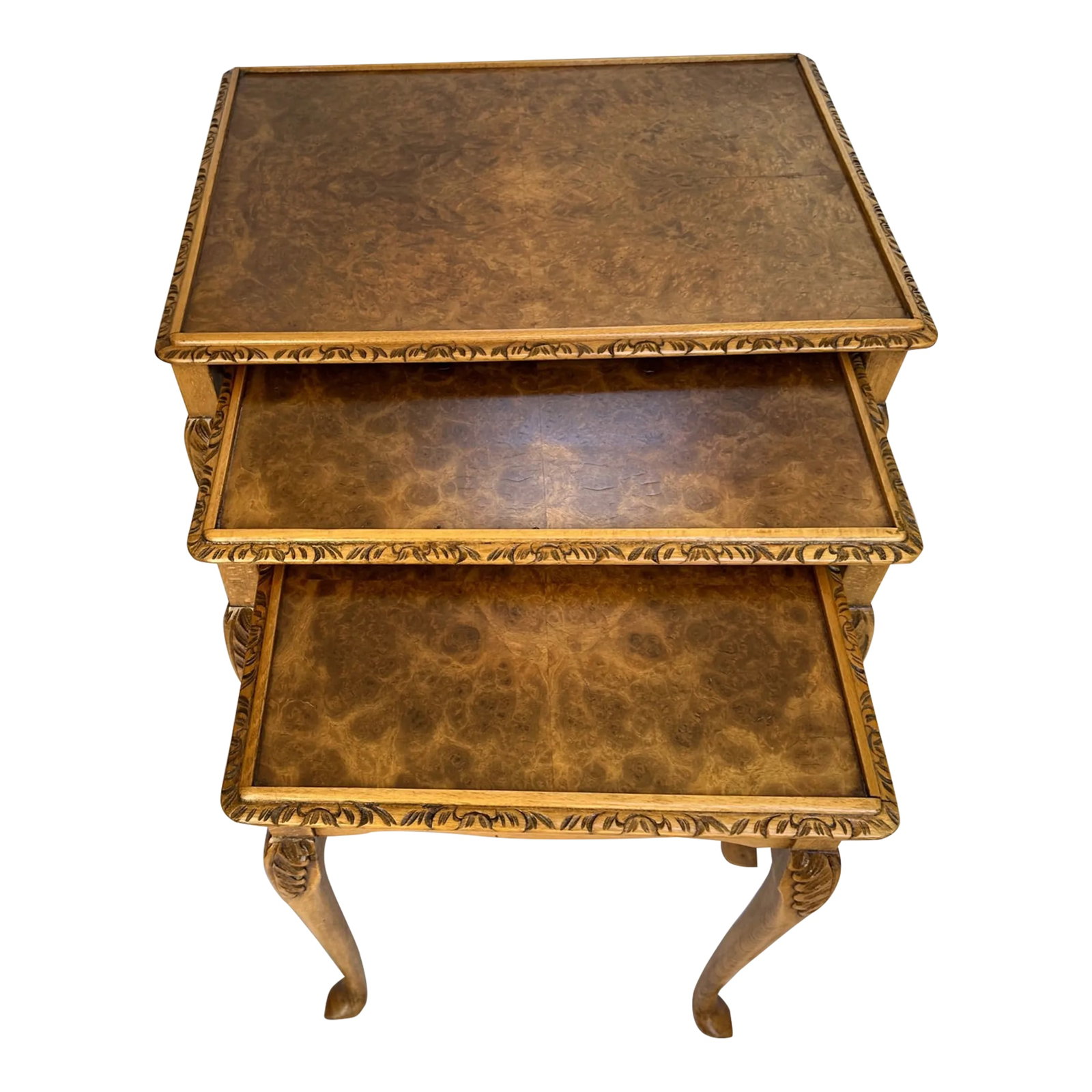 Vintage Burlwood Nesting Tables-A Set: Vintage Burlwood Nesting Tables a set of 3. Hand carving detail trim and leg detail. Burlwood tops. Perfect accent tables between two chairs. Large-21.25in w x 15.5d x 22in h 'Med- 18in w x 14in d x