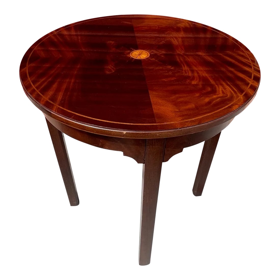 Vintage Round Inlaid Crotch Burl Mahogany Side Table: Vintage Burl Wood Mahogany side table w/inlaid top detail. Great for a Office or Library 28.25in h x 26 x 26 round Make sure to follow me, I have flash sales for my followers only Accepting offers at
