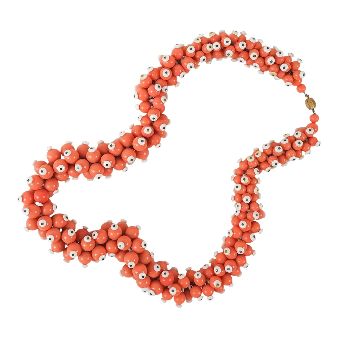 Vintage Handmade Salmon & White Beaded Statement Necklace: Circa 1960's bold dimensional salmon and white graduated beaded necklace. Measures 27" long, 1" diameter at smallest 1.5" at widest, large beads are 3/8" diameter. Salmon beads are plastic, white bead