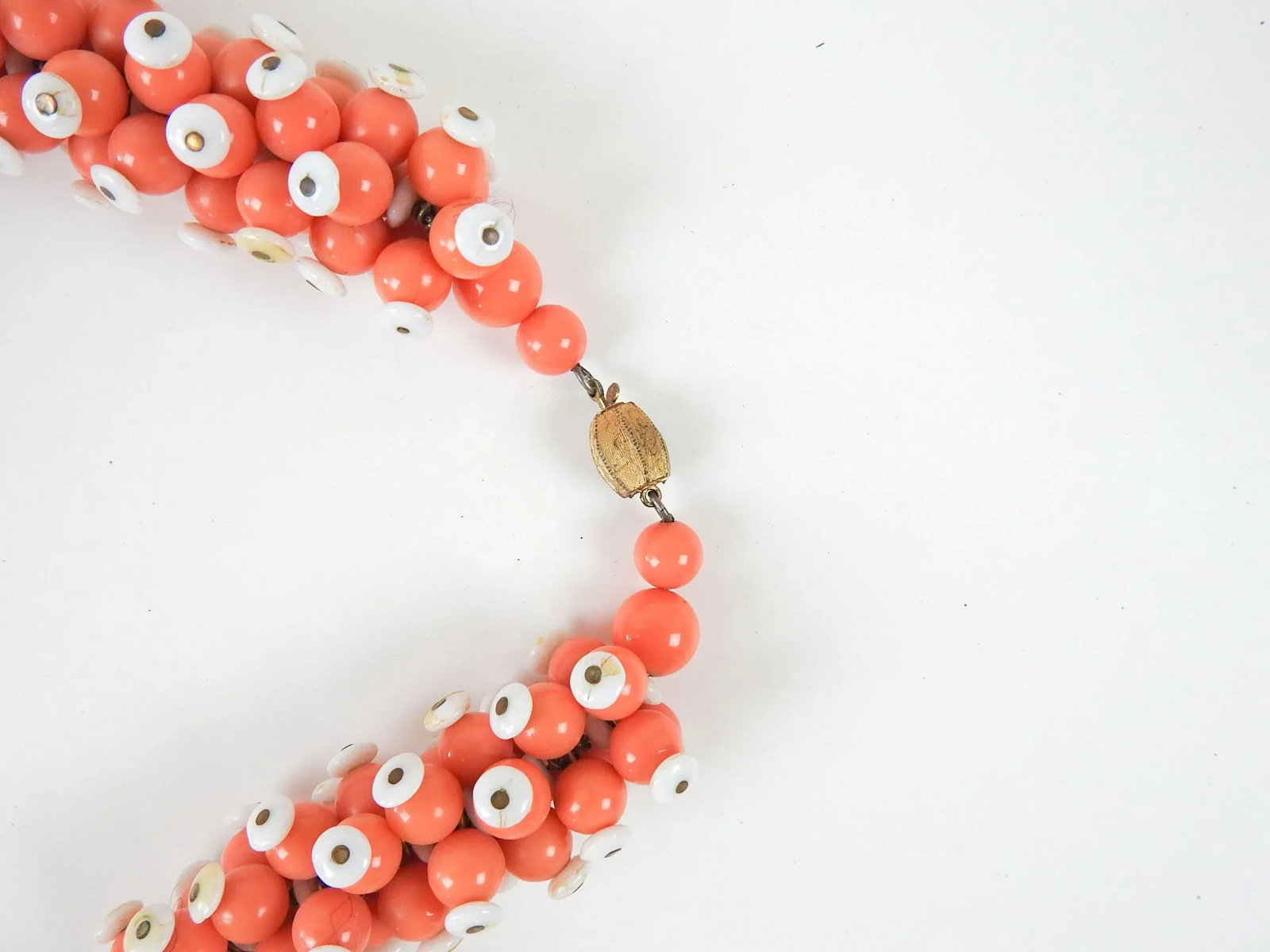 Vintage Handmade Salmon & White Beaded Statement Necklace - 4