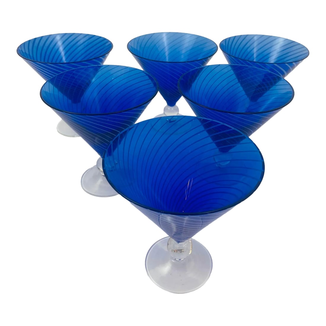 Cobalt Blue Italian Stemmed Martini Glasses Set of 6 Post Modern Barware 1980s: Set of 6 handmade cobalt blue Italian candy stripe Italian stemmed martini glasses in French Maison Baccarat style. Set of 6 gorgeous cobalt blue Italian stemmed martini glasses. Fabulous hand blown