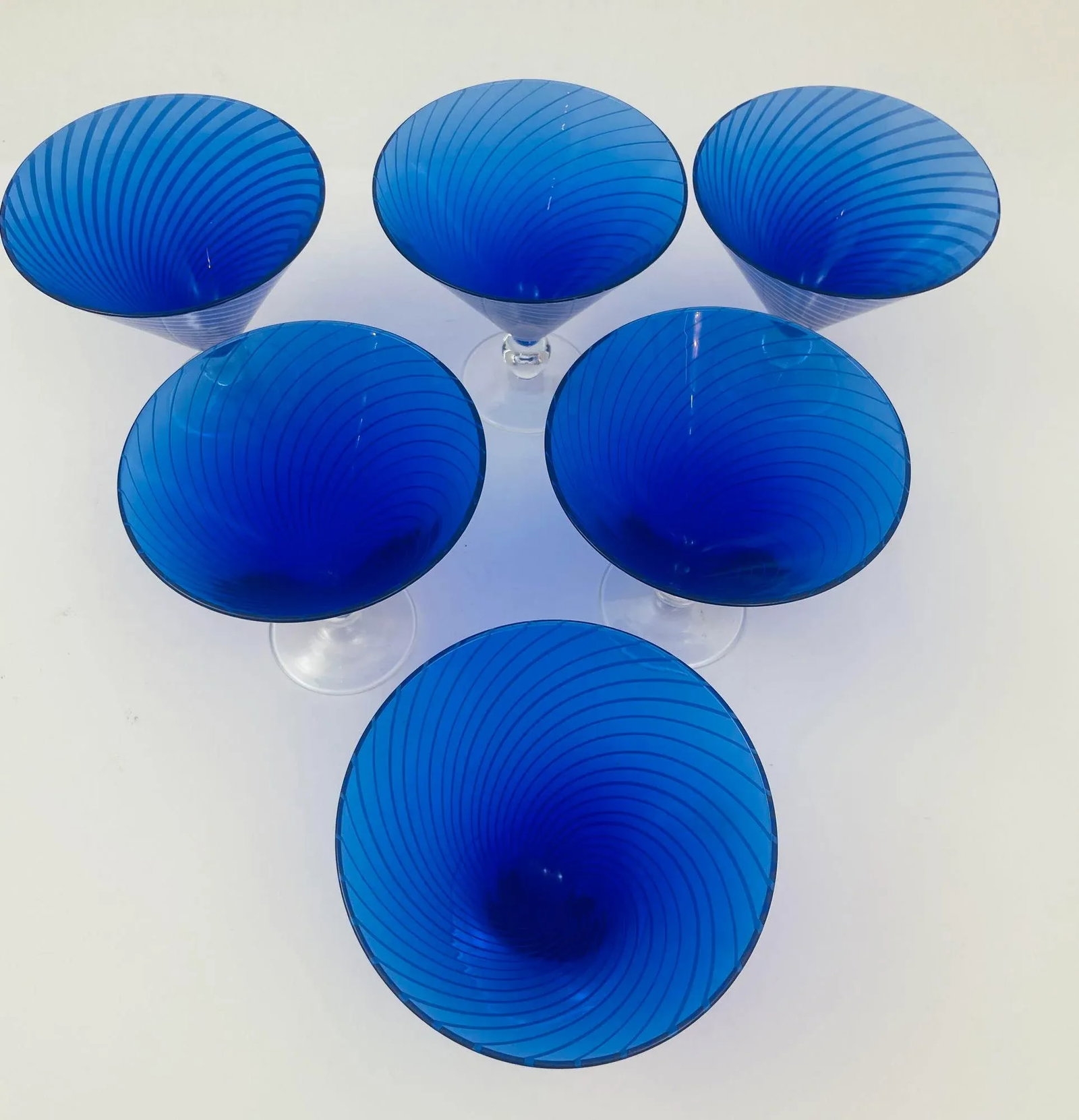 Cobalt Blue Italian Stemmed Martini Glasses Set of 6 Post Modern Barware 1980s - 2