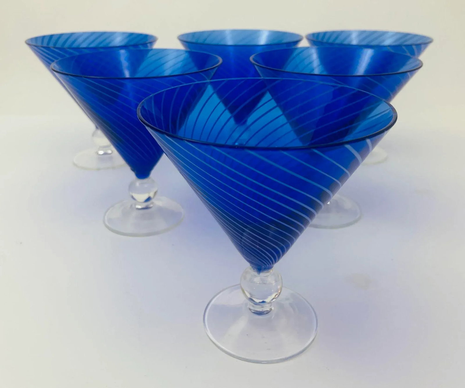 Cobalt Blue Italian Stemmed Martini Glasses Set of 6 Post Modern Barware 1980s - 3