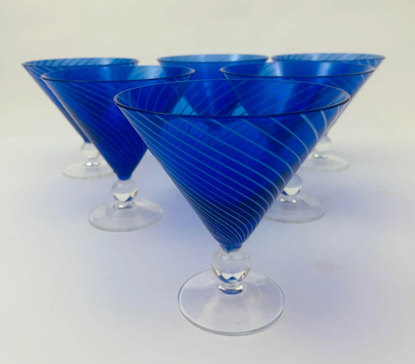 Cobalt Blue Italian Stemmed Martini Glasses Set of 6 Post Modern Barware 1980s - 4