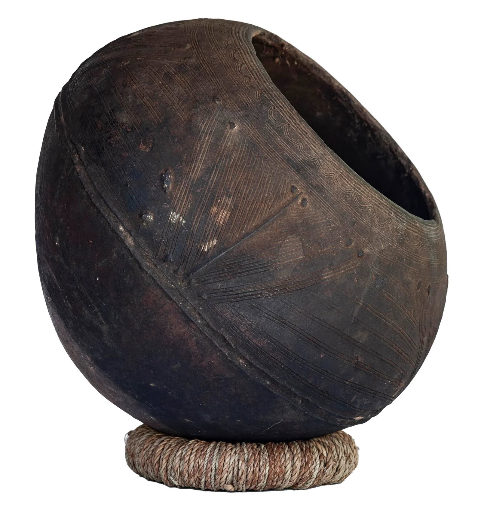 Antique African Clay Pot With Rattan Base - 5