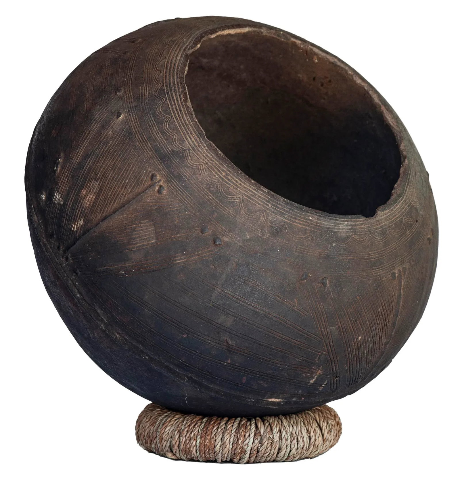 Antique African Clay Pot With Rattan Base - 6