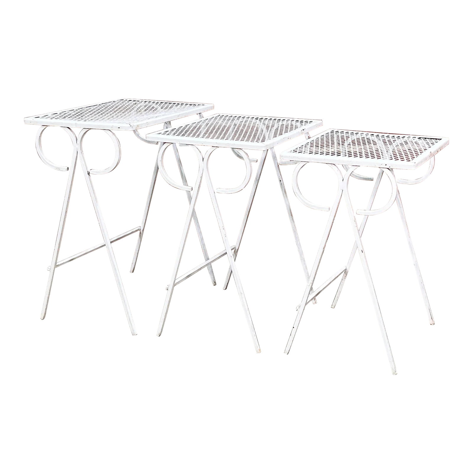 Vintage Mid Century Modern Salterini Wrought Iron Nesting Tables - Set of 3: Fabulous set of 3 vintage mid century modern white wrought iron Salterini nesting tables! Great lines, very sleek and well constructed. They measure 15" wide, 10 3/4" deep and 18 1/2" tall (the
