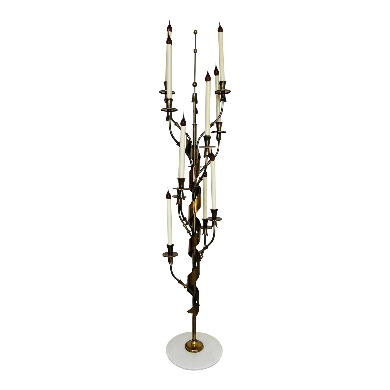 Rare, Italian Mid Century Stilnovo 10-Light Brass & Marble Floor Lamp C. 1960: Stilnovo (Italy, Founded 1946), circa 1960. Hollywood Regency in style, this 10 - Light Stilnovo floor lamp has an impressive scale measuring 66" height. With an almost gun metal brass appearance the