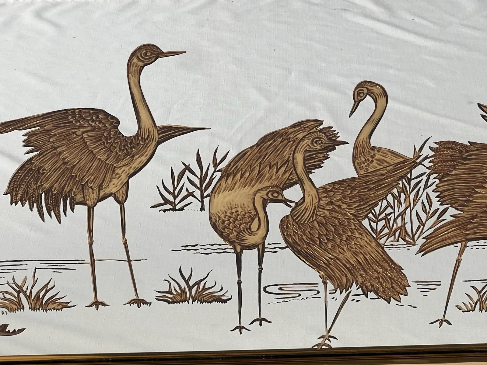 Vintage Hollywood Regency Chinoiserie Gold Etched Wall Mirror With Cranes - 6