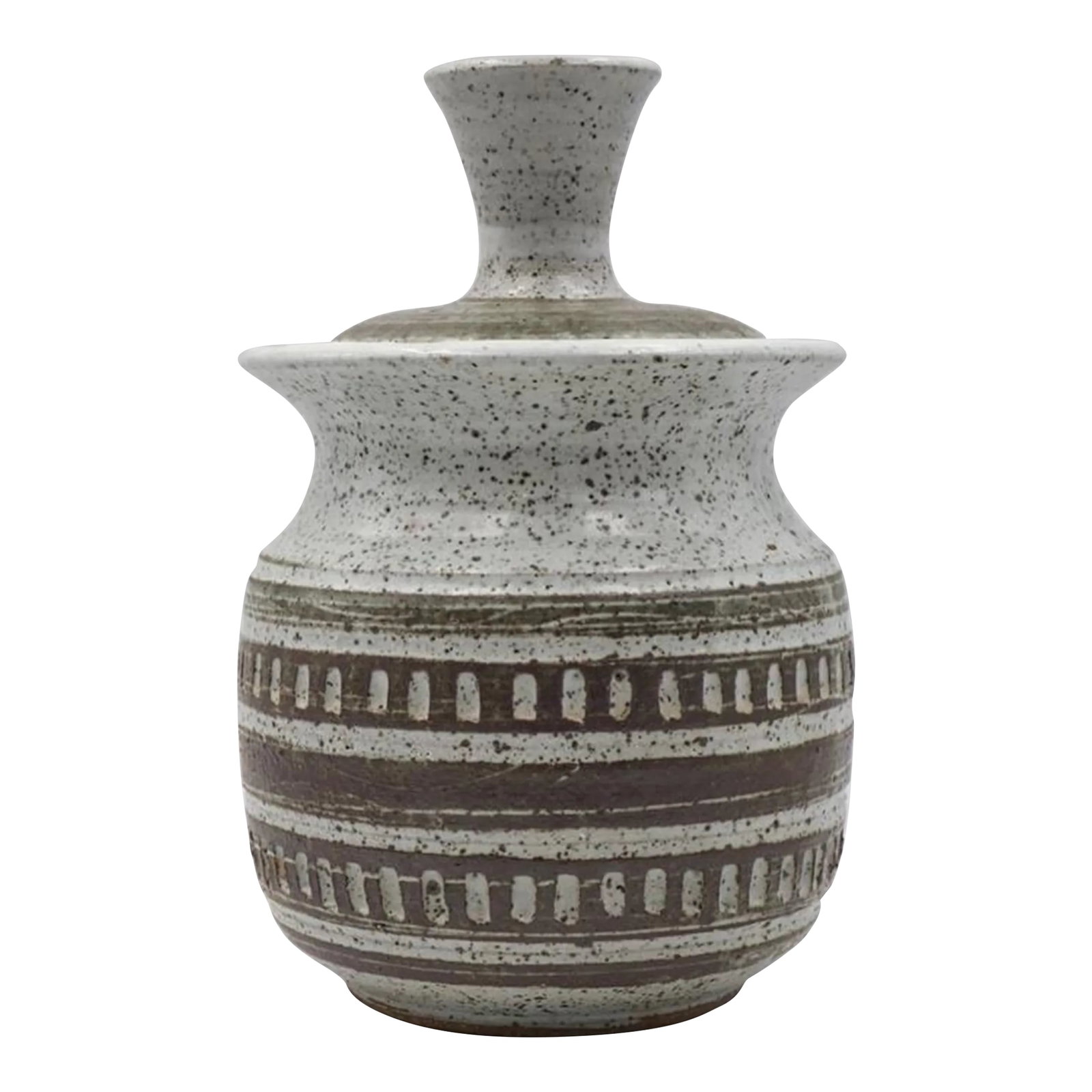Mid 20th Century Large Joel Edwards Lidded Jar: Vintage mid 20th century large lidded pottery jar by Joel Edwards (1923 - 2007) California. Signed on bottom, speckled gray and brown satin glaze, speckled cream glazed interior. Well known