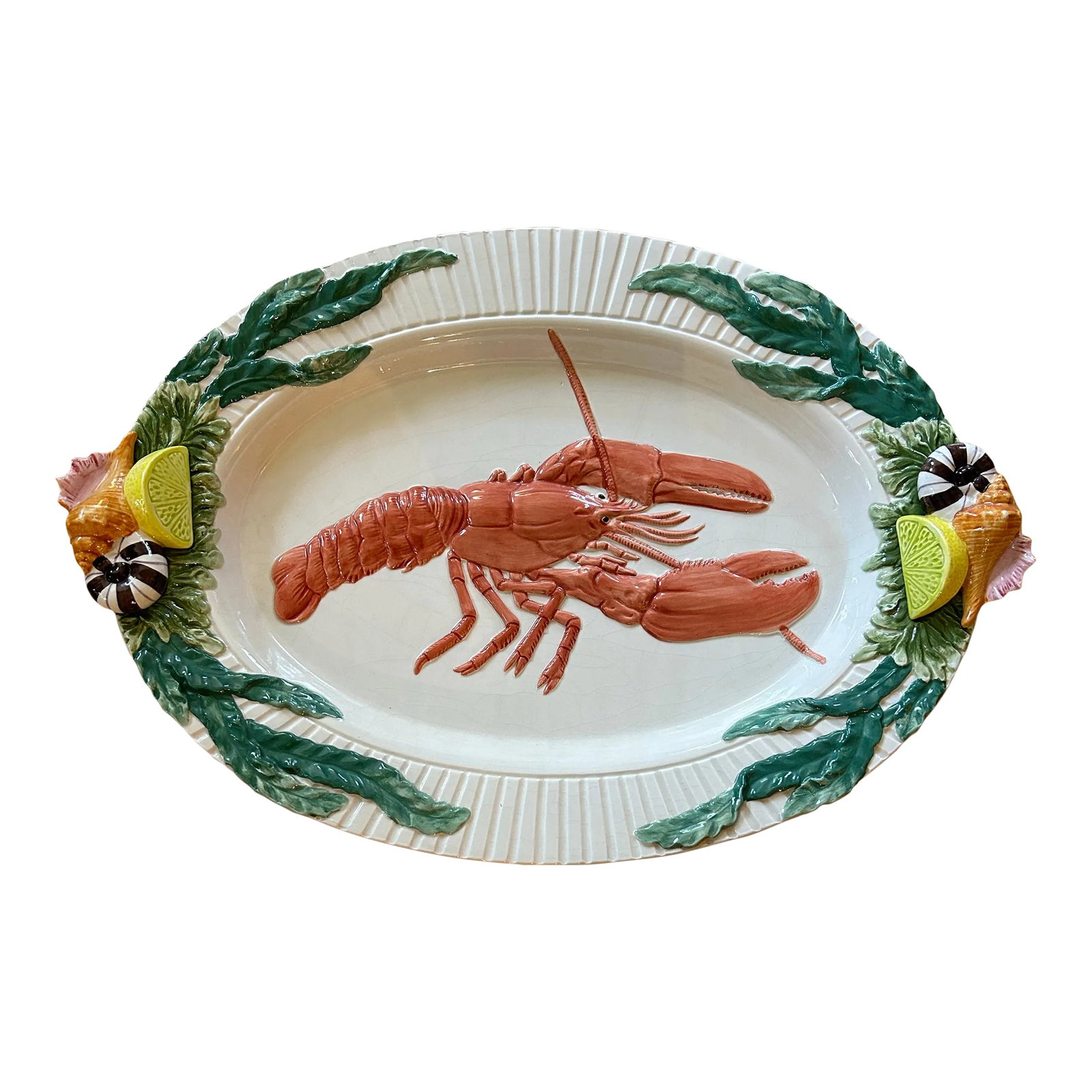 1992 Fitz and Floyd "Fish Market" 20" Trompe l"˜Oeil Lobster Serving Platter: This platter is a large one and commands a presence whether on your table or in a display. From Fitz and Floyd in the "Fish Market" collection, the 20" platter features a colorful lobster in the